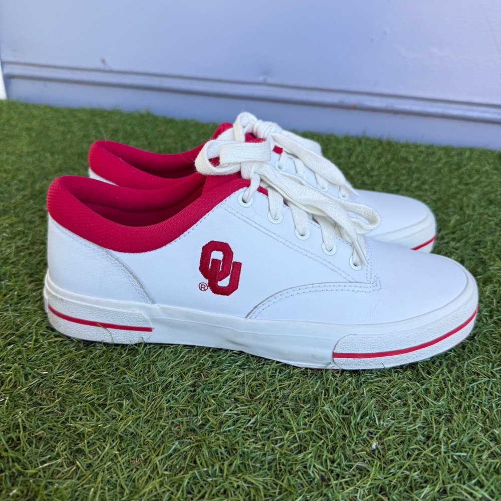 Oklahoma Sooners Women 8.5 White Crimson Leather Sneakers NCAA Preppy Sporty